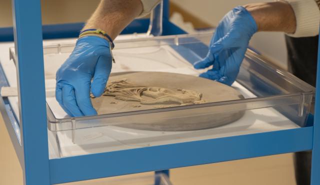image of a white jasper plaque in a Perspex box being handled by a person in wearing blue gloves